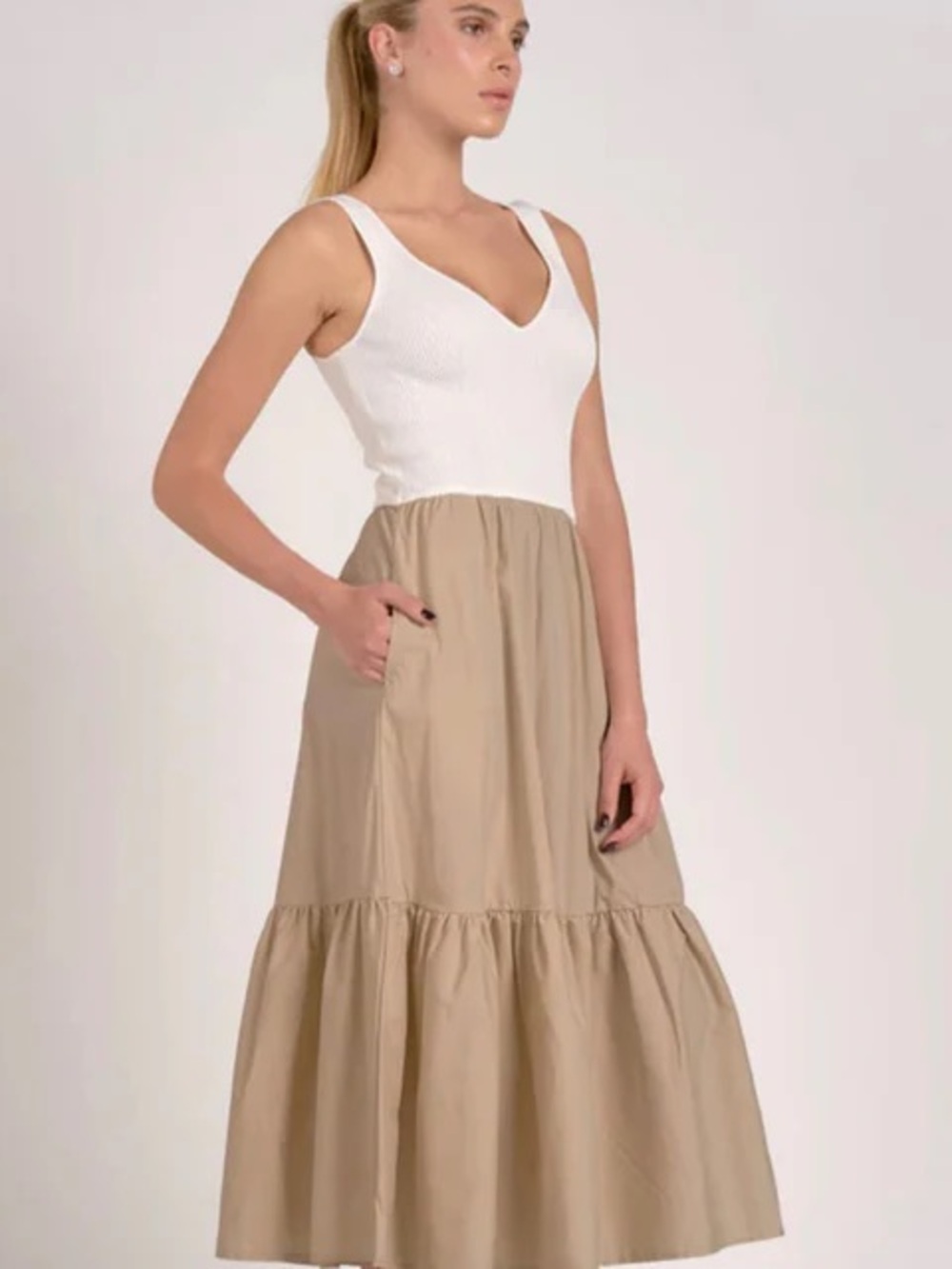 Elan Beige Tiered Midi Skirt – Women's Casual A-Line - Picture 1 of 8